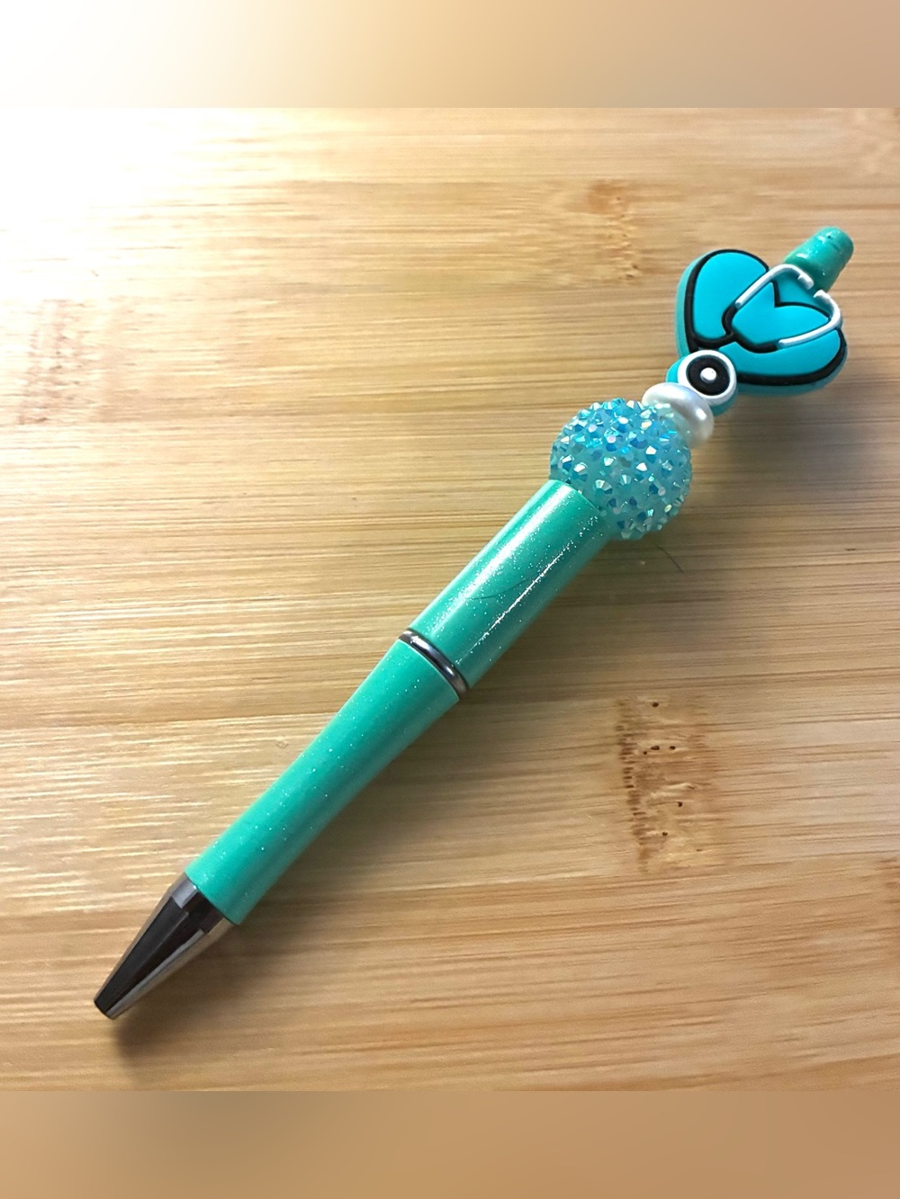 Turquoise Nurse Stethoscope Heart Beaded Pen - Sparkle Accent